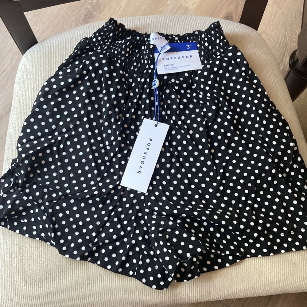 POPSUGAR  XS black/ white polkadot elastic high waist shorts with pockets NWT